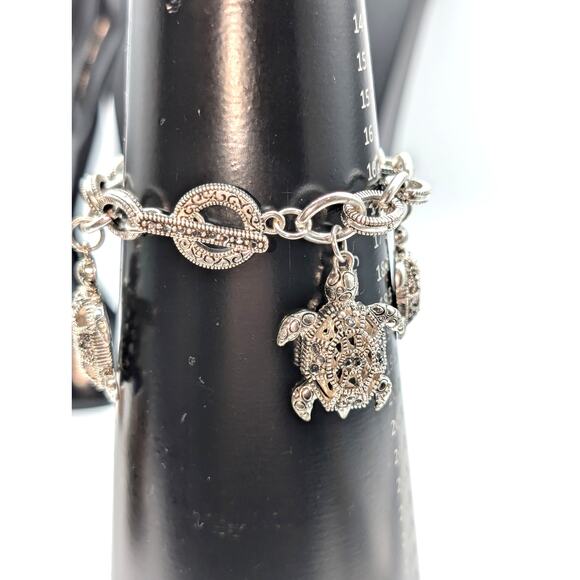 Chunky Silver Tone Marcasite Toggle Clasp Turtle Charm Bracelet - Picture 3 of 8